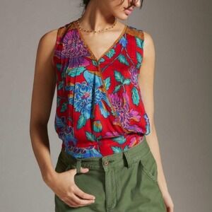 Tiny Anthropologie Floral Surplice Tank Top Red Boho Whimsical Crochet Trim